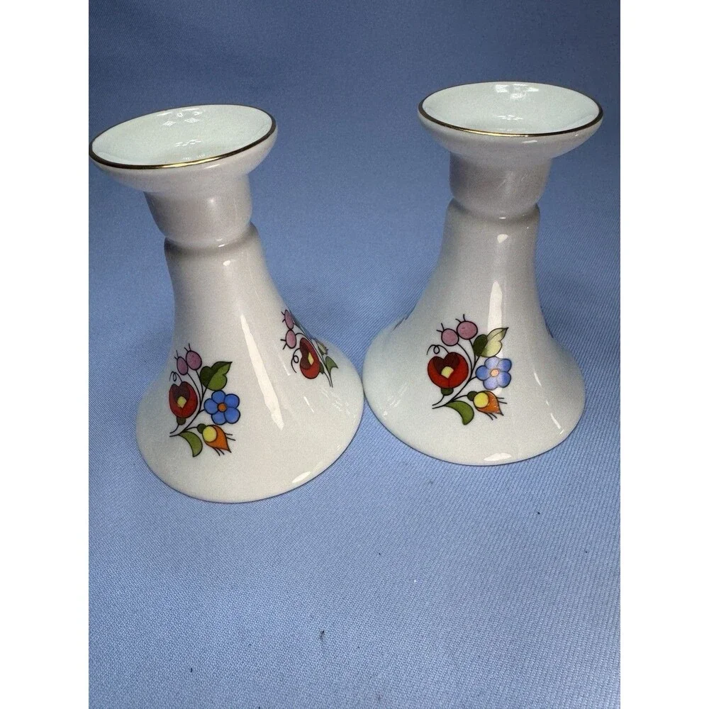 Set Of 2 Kalocsa Candle Holders, Hand painted Red And Blue Floral, Hungary 4.5”